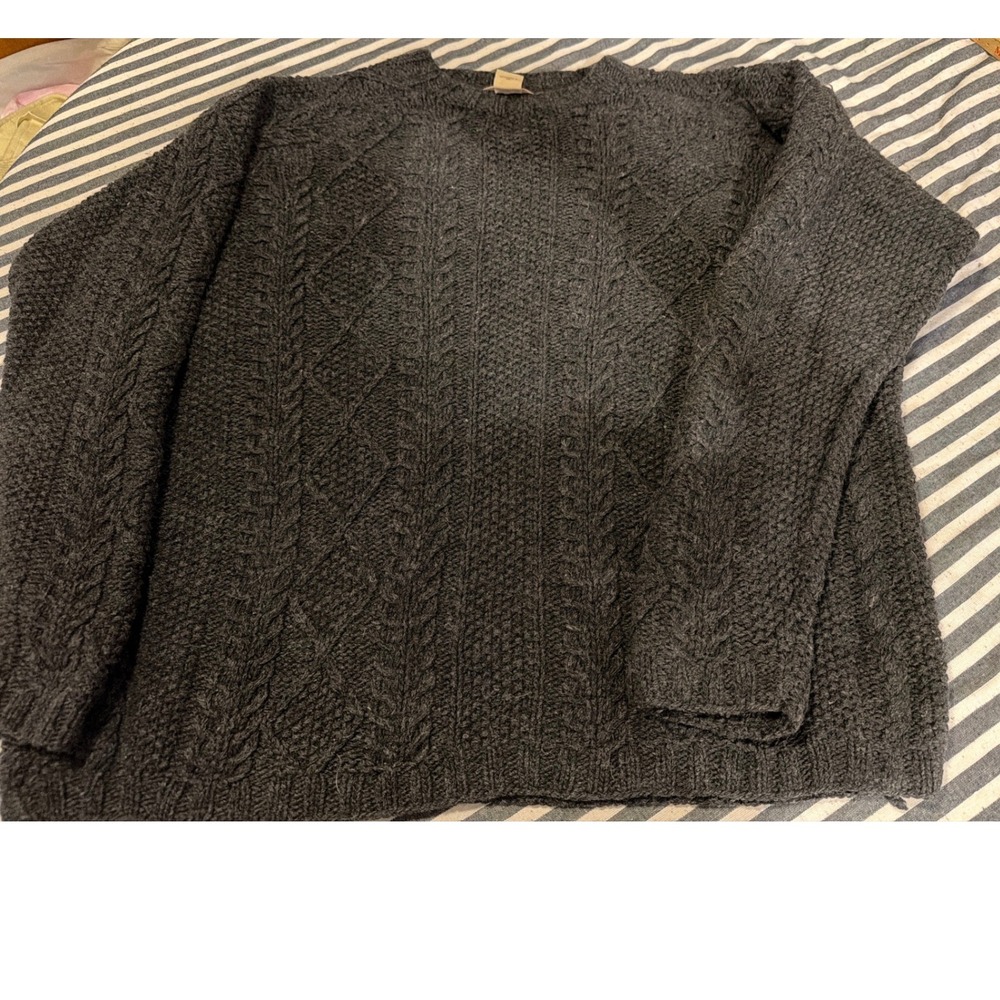 OHanlon Mills Mens Charcoal Grey 100% Wool Cable Knit Fisherman Sweater Medium